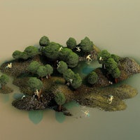 a 3d model of a small island with trees